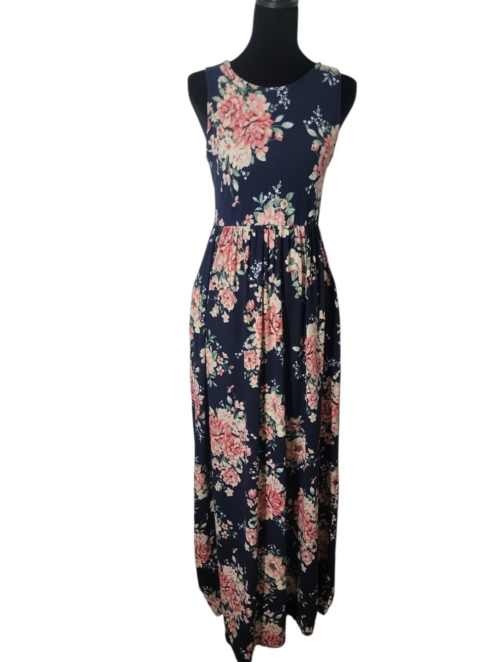 Infinity Raine sleeveless navy floral maxi dress size small pockets scoop neck